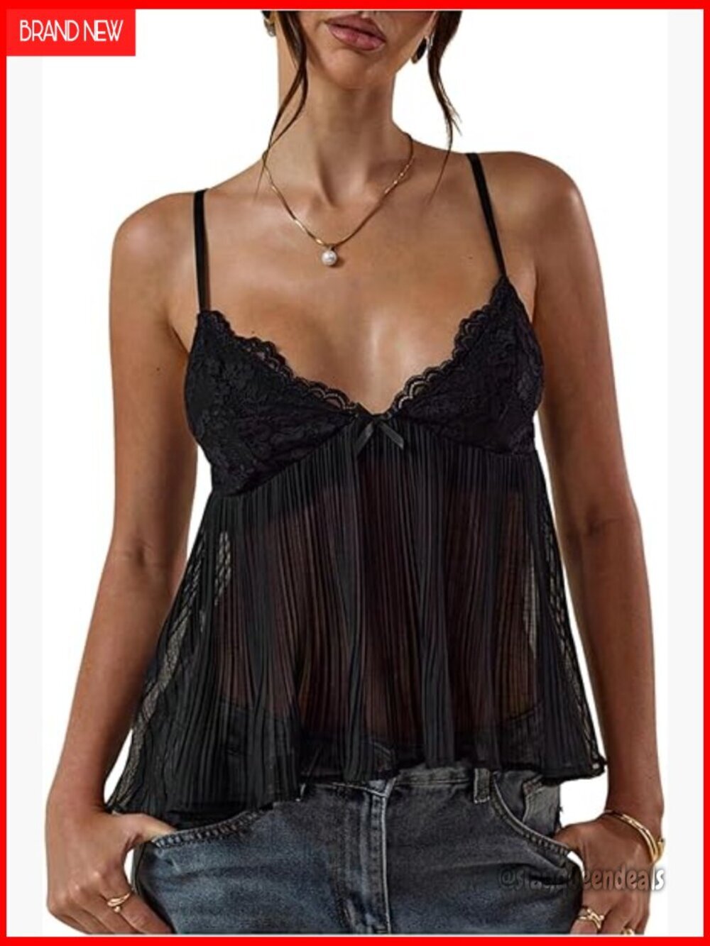 Summer Lace Cami Top Deep V Neck Spaghetti Strap Sheer Peplum